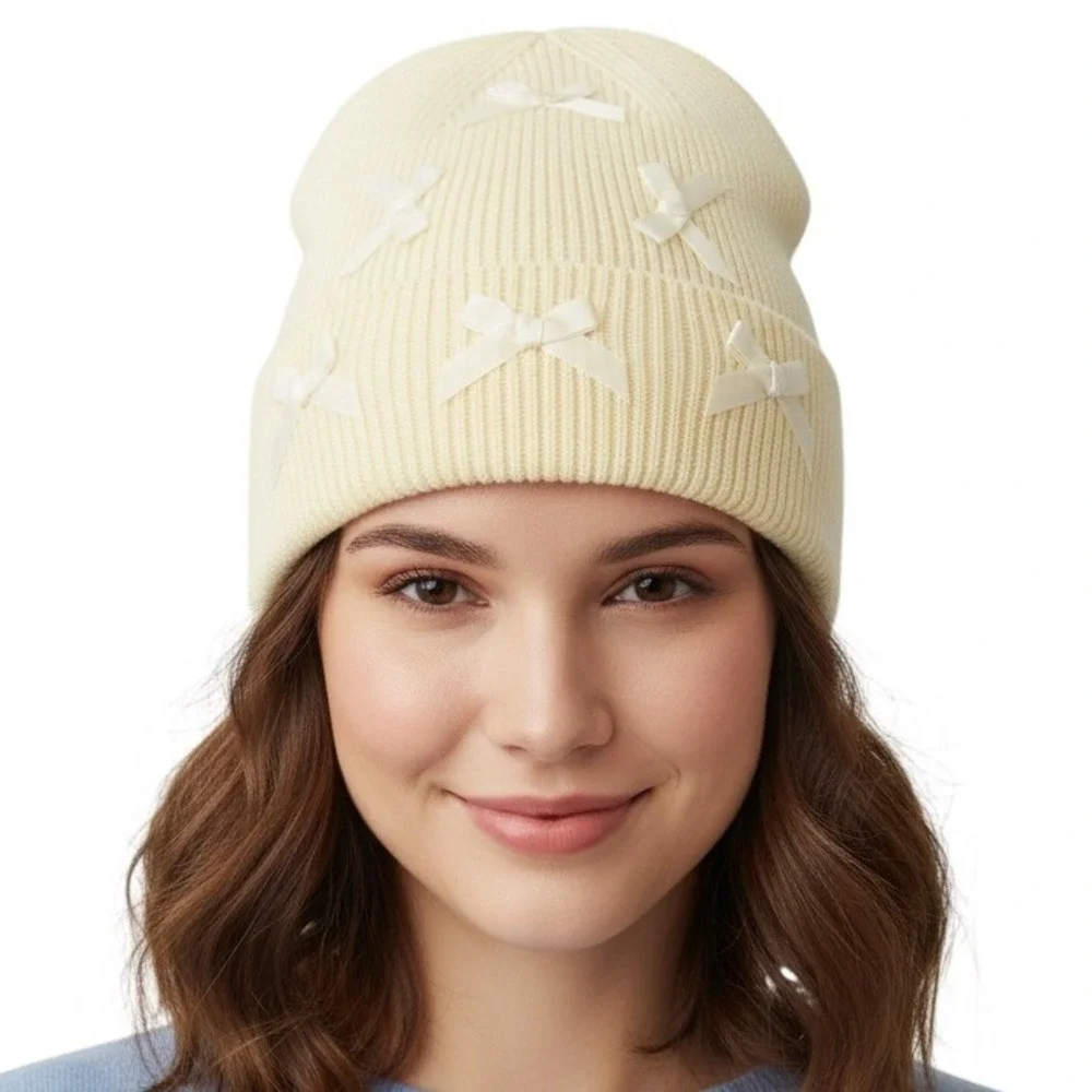 Simply‎ Southern Preppy Solid Cream COQUETTE Beanie Hat Bow Adorned NWT